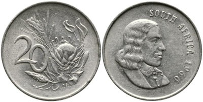 ЮАР 20 ЦЕНТОВ 1966 SOUTH AFRICA, ЯН ВАН РИБЕК (1619-1677), ГОЛЛАНДСКИЙ ИССЛЕДОВАТЕЛЬ , МОРЕПЛАВАТЕЛЬ, ОСНОВАТЕЛЬ Г. КЕЙПТАУНА, ЦВЕТОК ПРОТЕЯ KM 69.1 никель 3336-1241
