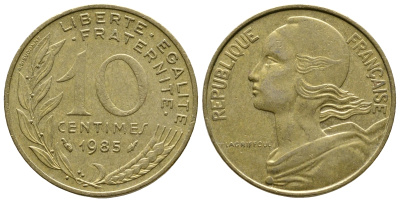 Франция 10 сантимов 1985 тип Марианна KM 929, LE FRANC 144.25 медь алюминий никель 93-1335