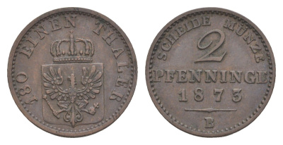 Пруссия 2 пфеннига 1873 B, Вильгельм I (1861-1888) KM 481, Jaeger 51, AKS 107, Olding 425 медь 4651-326