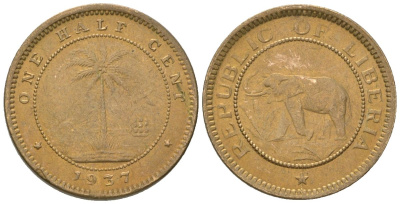 Либерия 1/2 цента 1937 KM 10 латунь aUNC 4594-1059