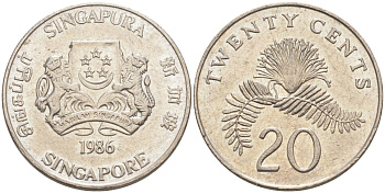 Сингапур 20 центов 1986 KM 52 медно-никель 219-1023