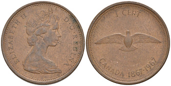 Канада 1 цент 1967 100 лет конфедерации, Елизавета II, второй портрет в короне (1867-1967) KM 65 бронза 188-129