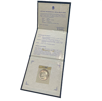 Италия 500 лир 1975 R, 500 лет со дня рождения Микеланджело Буонарроти, в оригинальной коробке, с сертификатом KM 104 серебро UNC 3-4-10-07