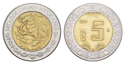 Мексика 5 песо 2001 Mo KM 605 биметалл 4637-652