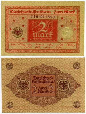 ГЕРМАНИЯ 2 МАРКИ 1920 1 МАРТА 1920, ВЕЙМАРСКАЯ РЕСПУБЛИКА, КРАСНАЯ, СЕРИЯ 110 Pick 59, Rosenberg 65b бумага UNC (ПРЕСС) 8613-3-2-1