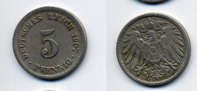 ГЕРМАНИЯ 5 ПФЕННИГОВ 1907 F, KM 11, J. 12 медно-никель 84-923