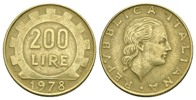 Италия 200 лир 1978 R, шестерня KM 105 алюминиевая бронза 4385-553