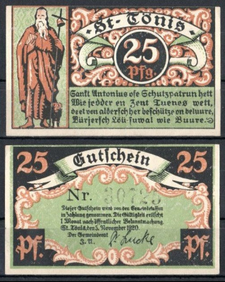 Санкт-Тёнис (Пруссия, Рейн) 25 пфеннигов 1920 Mehl Grabowski 1167.1a-3/5 бумага UNC (пресс) 7553-21-3-2