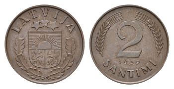 Латвия 2 сантима 1939 KM 11.2 бронза 4679-265