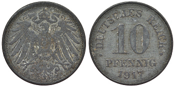 Германия 10 пфеннигов 1917 KM 26, J. 299, Weege 8 цинк 4119-257