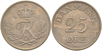 Дания 25 эре 1949 N; S, Фредерик IX (1947-1972) KM 842.1 медно-никель 106-225