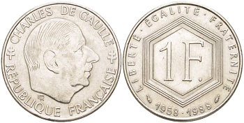 ФРАНЦИЯ 1 ФРАНК 1988 ШАРЛЬ ДЕ ГОЛЬ, 30 ЛЕТ РЕСПУБЛИКЕ KM 943, LE FRANC 227.2 никель 217-245