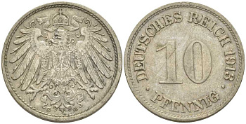 ГЕРМАНИЯ 10 ПФЕННИГОВ 1913 G KM 12, J. 13, Weege 8 медно-никель 212-231