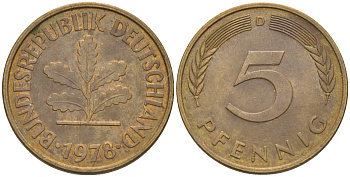 ФРГ 5 пфеннигов 1978 D KM 107, J. 382 сталь плакированная латунью 4514-956