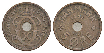 Дания 5 эре 1927 HCN, Кристиан X (1912-1947) KM 828 бронза 4638-551
