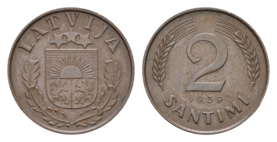 Латвия 2 сантима 1939 KM 11.2 бронза 4679-265
