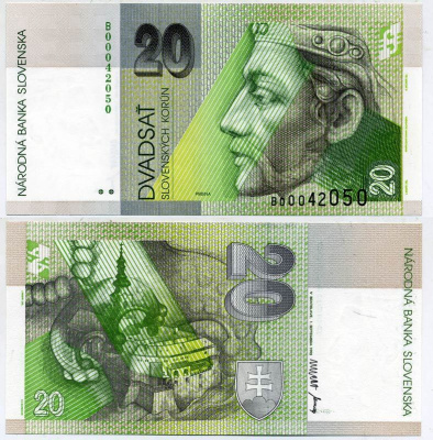 СЛОВАКИЯ 20 КРОН 1993 1 СЕНТЯБРЯ 1993, СЕРИЯ В, ПРИНЦ ПРИБИНА Pick 20a бумага UNC (ПРЕСС) 7484-29-2