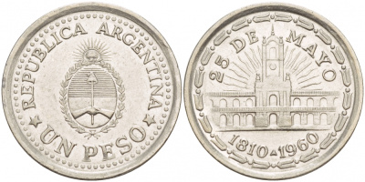 Аргентина 1 песо 1960 150 лет свержения Испанского вице-короля (1810-1960) KM 58 сталь плакированная никелем 4548-344