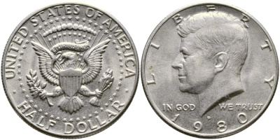 США 1/2 ДОЛЛАРА ( 50 ЦЕНТОВ ) 1980 D, ДЖОН КЕННЕДИ KM А202b медь плакированная медно-никелем 1523-445