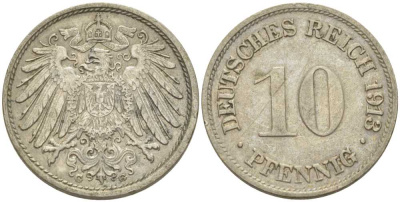 ГЕРМАНИЯ 10 ПФЕННИГОВ 1913 G KM 12, J. 13, Weege 8 медно-никель 212-231