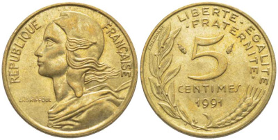 ФРАНЦИЯ 5 САНТИМОВ 1991 ТИП MARIANNE KM 933, LE FRANC 125.27 медь алюминий никель 116-457