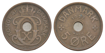 Дания 5 эре 1927 HCN, Кристиан X (1912-1947) KM 828 бронза 4638-551
