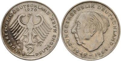 ФРГ 2 марки 1970 D, Конрад Аденауэр KM 124, J. 406 медно-никель 4159-1152