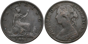 Великобритания 1 фартинг 1861 Виктория (1837-1901) KM 747.2, Spink 3958 бронза 4548-1054