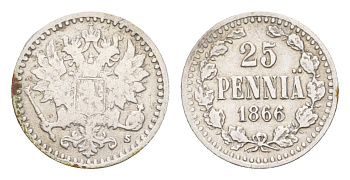 Россия для Финляндии 25 пенни 1866 S, Александр II (1855-1881) Биткин 642 серебро 1518-532