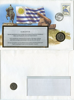 Уругвай 5 новых песо 1980 монета в конверте с маркой и спецгашением KM 75 медно-никель UNC 6267-2-1