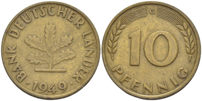ФРГ 10 ПФЕННИГОВ 1949 G KM 103, J. 378 сталь плакированная латунью 4182-741