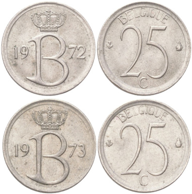Бельгия набор из 2 монет разных годов (25 сантимов) 1972 и 1973 Belgique, Бодуэн I (1951-1993) KM 153 медно-никель 4611-917