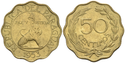 Парагвай 50 сентимо 1953 лев, фригийский колпак на шесте KM 28 алюминиевая бронза  aUNC  4176-832