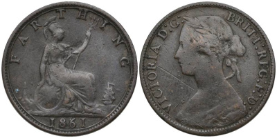 Великобритания 1 фартинг 1861 Виктория (1837-1901) KM 747.2, Spink 3958 бронза 4548-1054