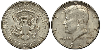 США 1/2 доллара (50 центов) 1964 Джон Кеннеди KM 202 серебро 413-125