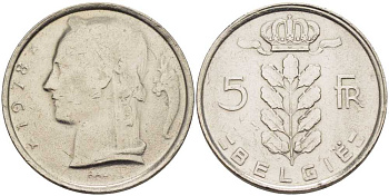 БЕЛЬГИЯ 5 ФРАНКОВ 1978 BELGIE, БОДУЭН I (1951-1993) KM 135.1 медно-никель 202-1225