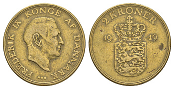 Дания 2 кроны 1949 N, Фредерик IX (1947-1972) KM 838 алюминиевая бронза 4634-525