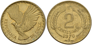Чили 2 сентесимо 1970 KM 193 алюминиевая бронза 4158-718