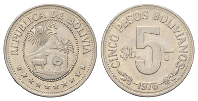 Боливия 5 песо 1976 KM 197 сталь плакированная никелем 4662-531