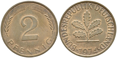 ФРГ 2 ПФЕННИГА 1974 J KM 106a, J.381a сталь плакированная сталь плакированная медьюю 4392-1039