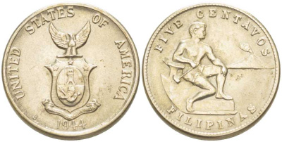 ФИЛИППИНЫ 5 СЕНТАВО 1944 S, АДМИНИСТАРАЦИЯ США, ВЕС 4,89 ГР. KM 180а медь никель цинк 08-1338