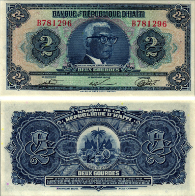 Гаити 2 гурда 1979 серия В, президент Франсуа Дювалье Pick 231  бумага  UNC (пресс) 2195-32-3-2