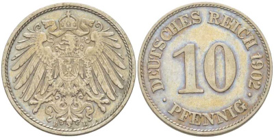 Германия 10 пфеннигов 1902 E KM 12, J. 13, Weege 8 медно-никель 259-835
