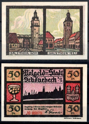 Шёнебек-на-Эльбе (Пруссия, Саксония) 50 пфеннигов 1921 Mehl Grabowski 1196.1a-1/5 бумага UNC (пресс) 7553-6-2-1