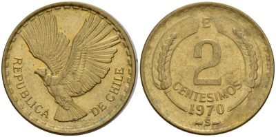 Чили 2 сентесимо 1970 KM 193 алюминиевая бронза 4158-718