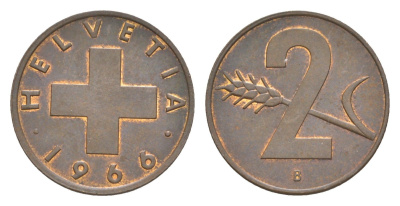 Швейцария 2 раппена 1966 B KM 47 бронза 4630-843