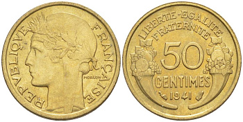 ФРАНЦИЯ 50 САНТИМОВ 1941 ТИП MORLON KM 894.1, LE FRANC 192.18 алюминиевая бронза 44-456