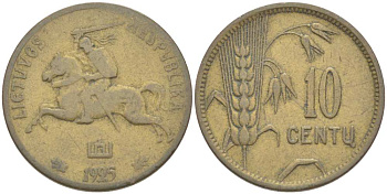 ЛИТВА 10 ЦЕНТОВ 1925 ПОГОНЯ KM 73 алюминиевая бронза 217-134