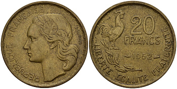 Франция 20 франков 1952 B, Петух KM 917.1 алюминиевая бронза 4159-943