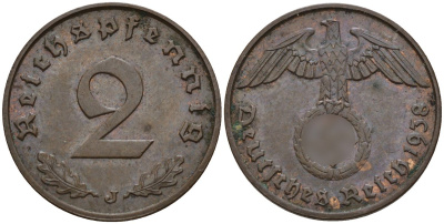 Германия 2 рейхспфеннига 1938 J KM 90, J. 362 бронза 4151-121